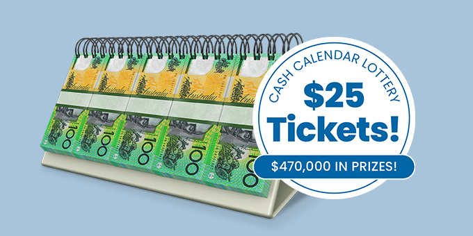 Graphic of spiral bound calendar with $100 notes for pages with logo 