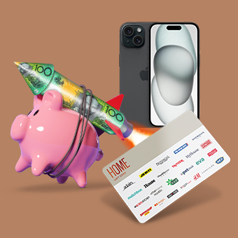 Mix of prizes - Apple iPhone, Piggy bank of cash and Home Gift Card on bronze background