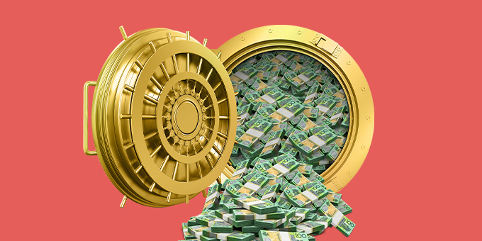 Vault with money spilling out on coral background