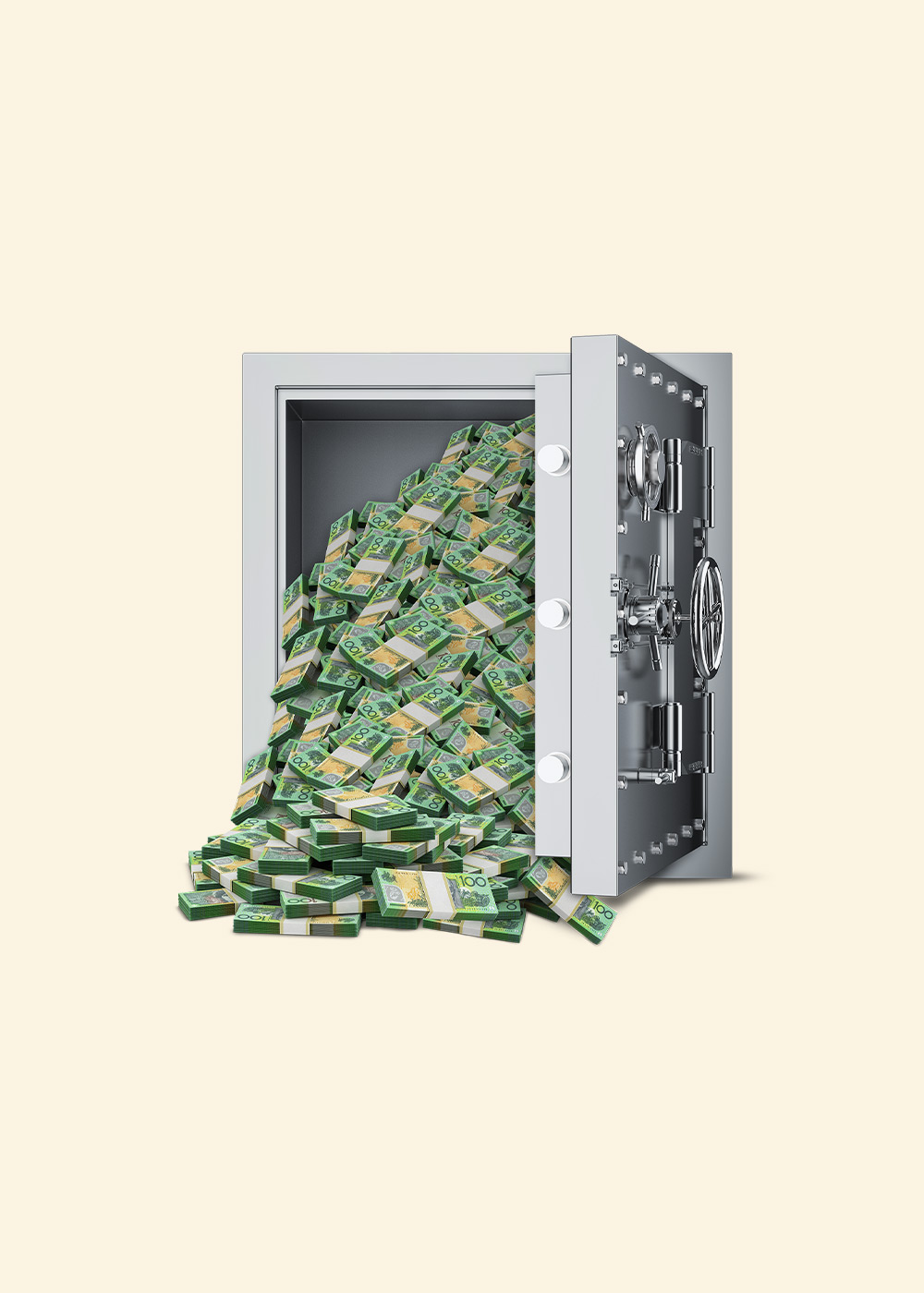 Silver vault with cash falling out on cream background