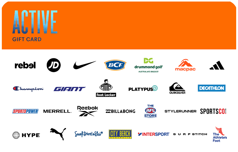 Active Gift Card with logos of participating stores