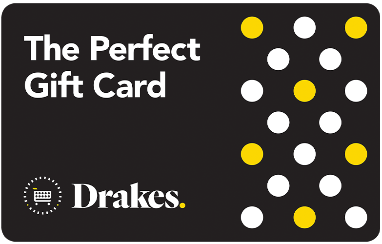 Black and white Drakes supermarket gift card with decorative white and yellow dots