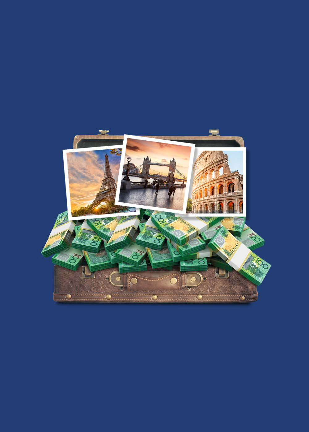 Collage of European holiday destinations: Paris, Rome and UK at dusk with suitcase and cash on blue background