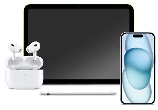 Apple electronics pack showing Airpods, Tablet and iPhone