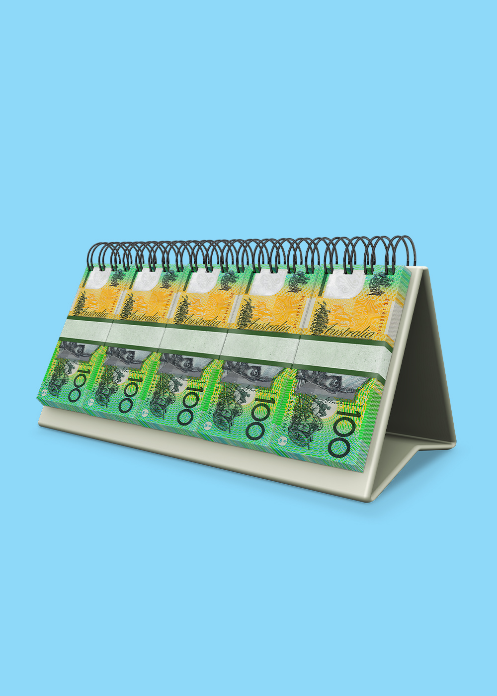 Graphic of a spiral notebook of $100 notes on a light blue background