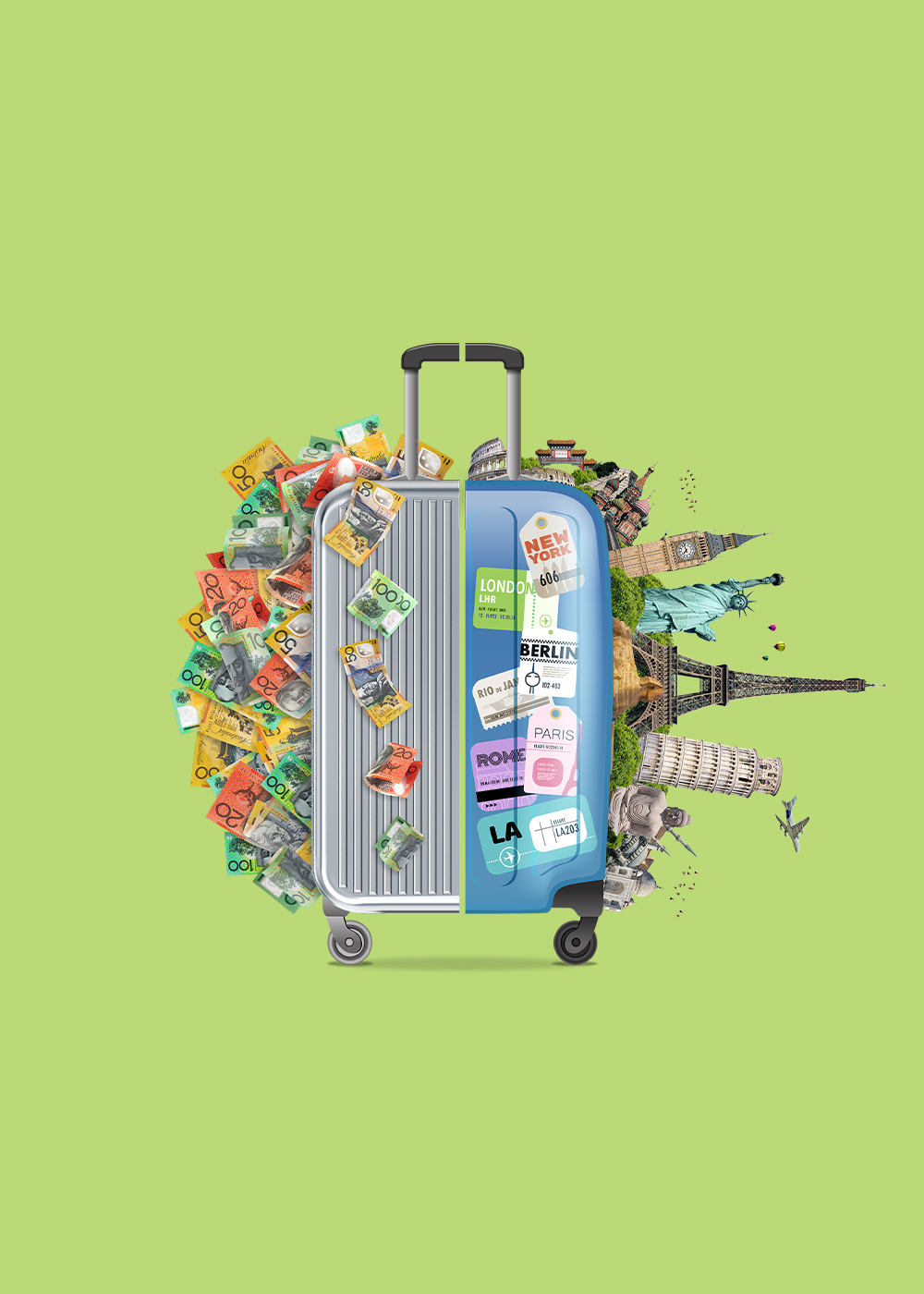 Suitcase graphic with the left half decorated in notes of cash, and the right with travel locations on a green background
