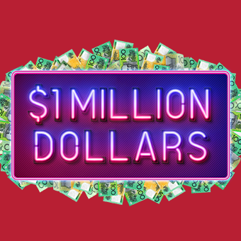 $1Million Dollars in a neon sign with a cash boarder on a red background