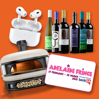 Mix of prizes showing AirPods, Wine, pizza oven and Fringe Gift Card on an orange background