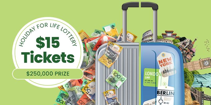 'Holiday for life lottery $15 tickets $250,000 prize' with graphic of a suitcase