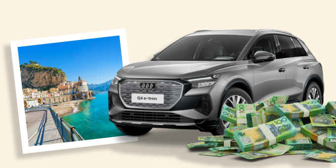 Collage of holiday destination, Grey Audi and a pile of cash