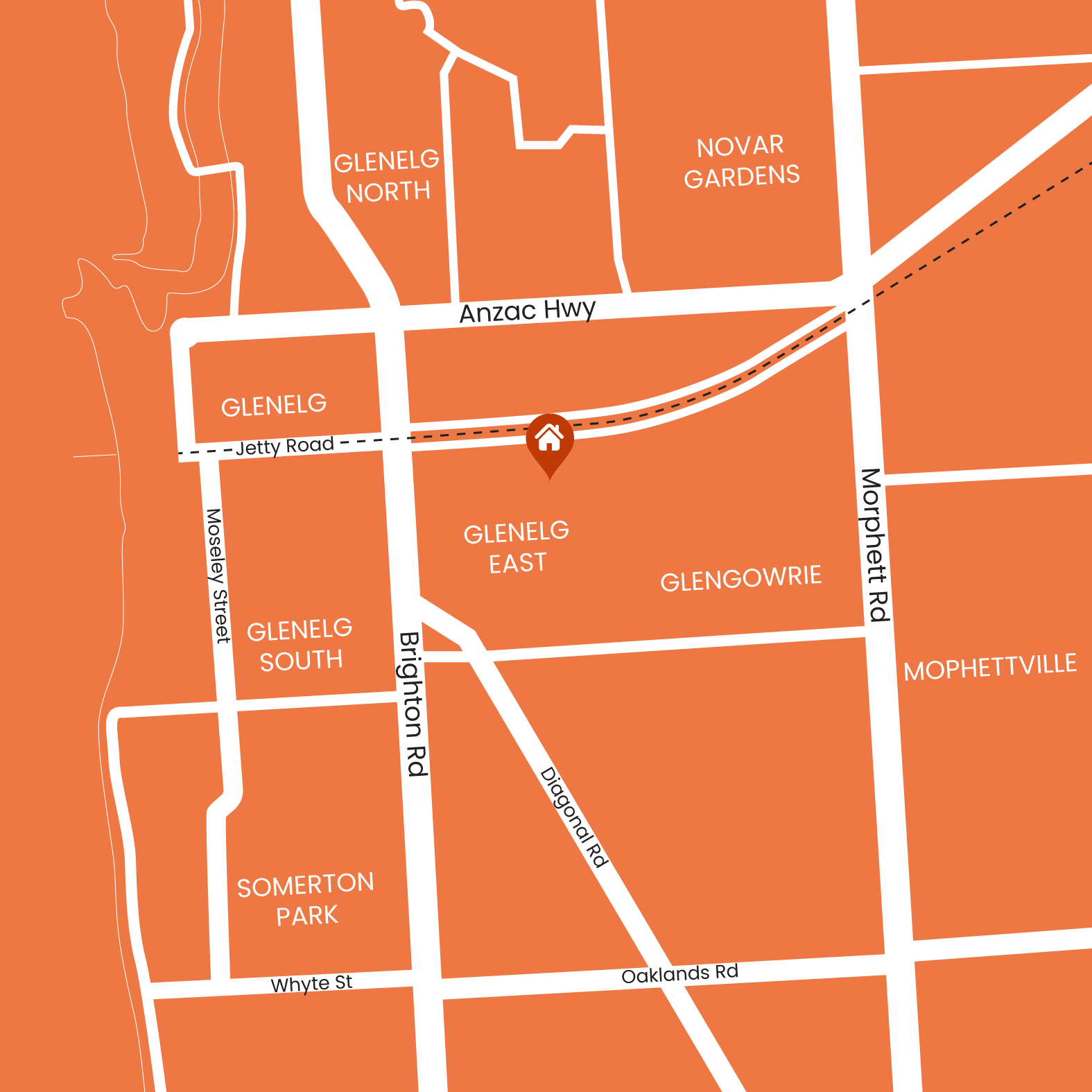 Map of Glenelg East with pin at house location