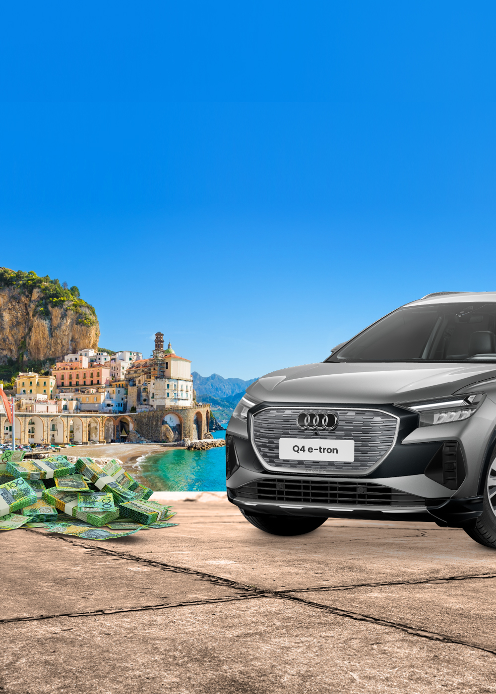 Audi luxury car collage with a pile of cash and a holiday background