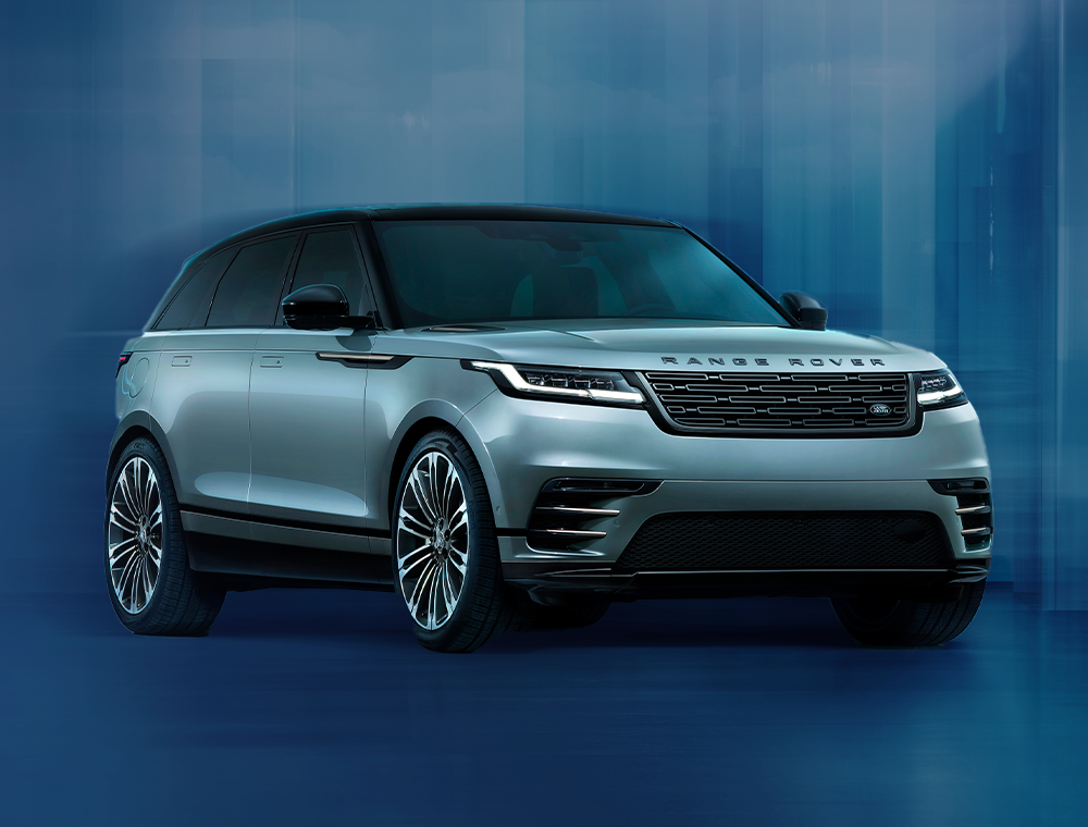 Range rover in blue in a matching blue space-age backdrop