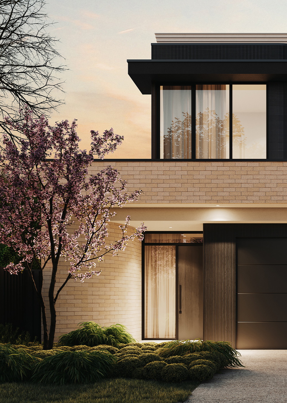 3d render of house facade at dusk