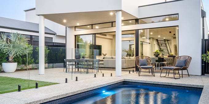 Backyard with pool and outdoor dining