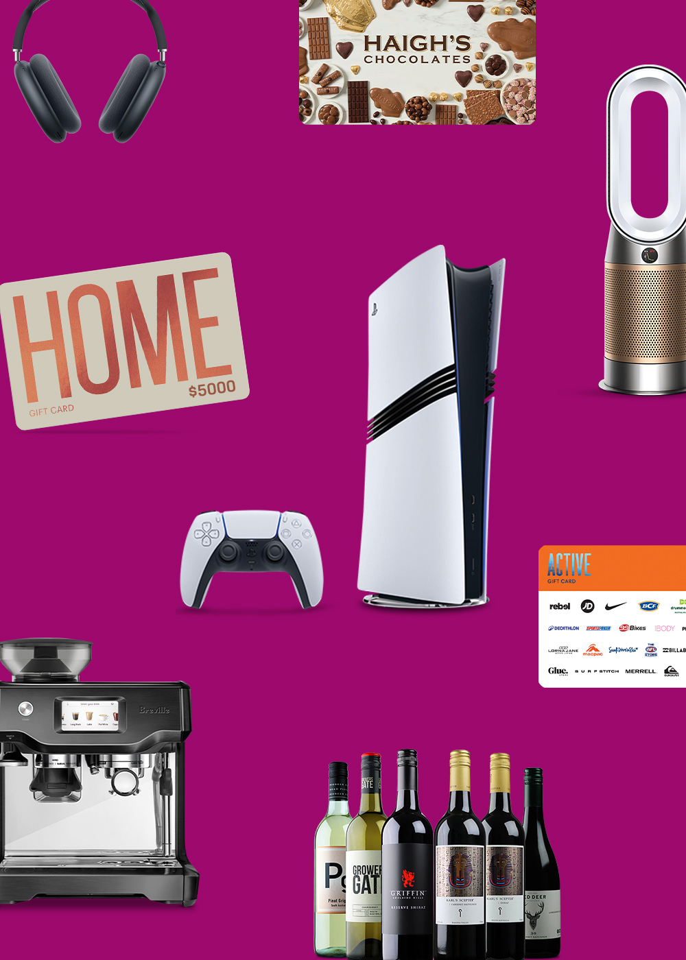 Collage of prizes including gift cards, playstation console and coffee machine, on a magenta background